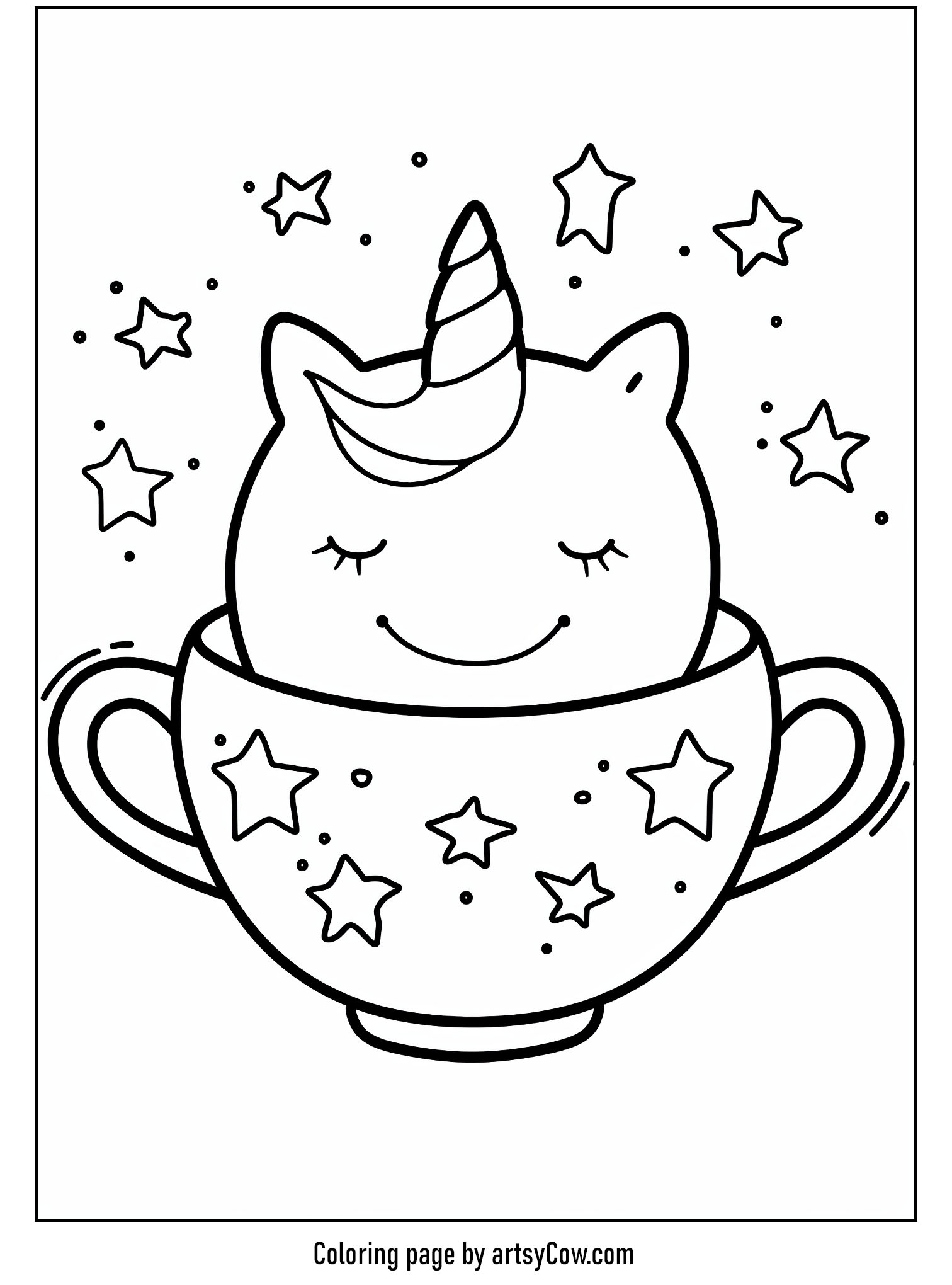 a cute unicorn resting inside a decorated teacup surrounded by stars